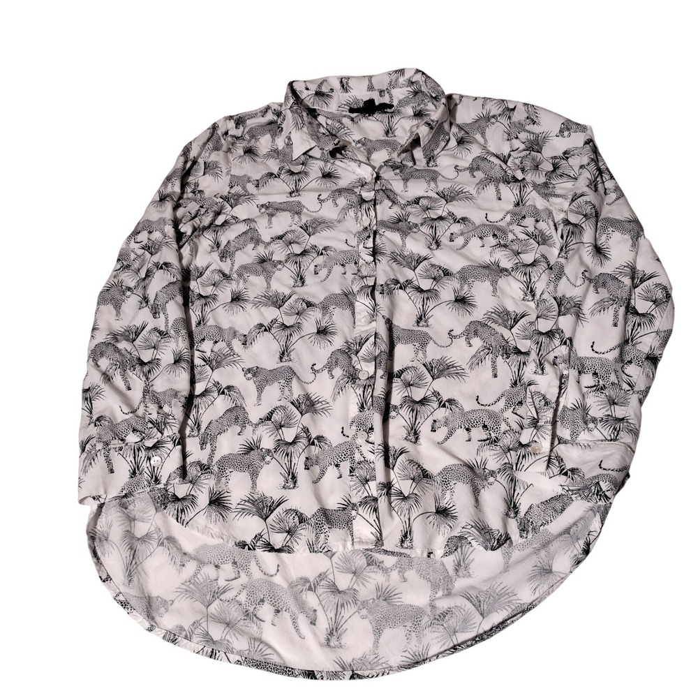 Jane and Delancey Top Black White Cheetahs Palm Trees Button Up Women L Roll Tab
